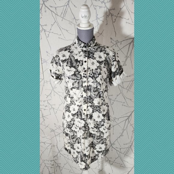 Topshop Black & White Floral Printed Tencel Popover Shirt Dress - Picture 1 of 4